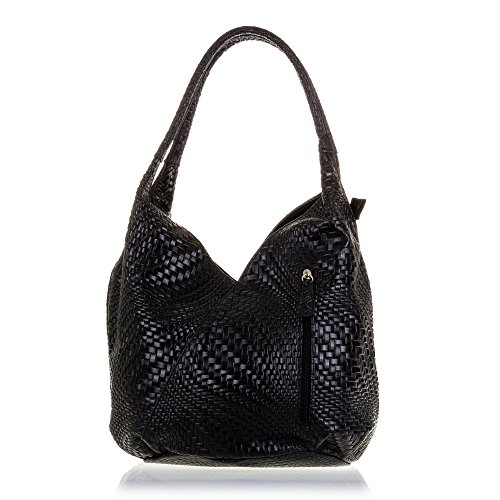 Firenze ARTEGIANI.Bolso Shopping Bag de Mujer Piel auténtica.Bolso Cuero Genuino Grabado con Motivo Trenzado geométrico y Lacado. Made IN Italy. Vera Pelle Italiana. 33x33x18 cm. Color: Negro