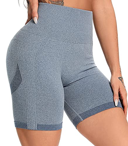 FITTOO Leggings Cortos Sin Costuras Push Up Textura Tridimensional Super Suave Elásticos Mujer Alta Cintura Yoga Fitness Azul Grisáceo S