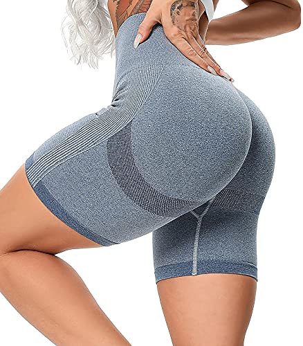 FITTOO Leggings Cortos Sin Costuras Push Up Textura Tridimensional Super Suave Elásticos Mujer Alta Cintura Yoga Fitness Azul Grisáceo S