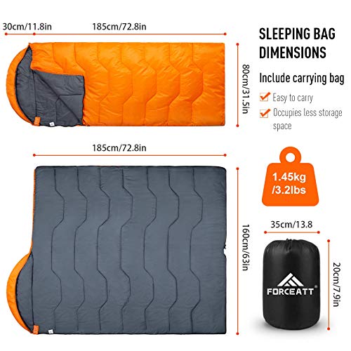 Forceatt Saco de Dormir Rectangular para Acampar, para 3-4 Estaciones, con Bolsa de compresión y Capucha para Viajes, Camping, Senderismo，215 x 80 cm, Temperatura Ideal 10-25°C