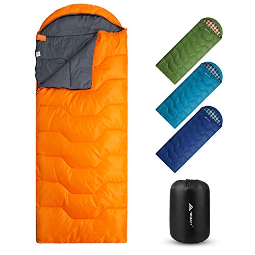 Forceatt Saco de Dormir Rectangular para Acampar, para 3-4 Estaciones, con Bolsa de compresión y Capucha para Viajes, Camping, Senderismo，215 x 80 cm, Temperatura Ideal 10-25°C