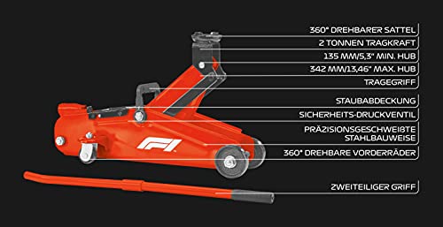 Formula 1 Gato hidráulico de Carretilla para 2 toneladas, Gato Elevador para Coche con asa de Transporte, Superficie de Apoyo giratoria 360°, para Taller, Hobby