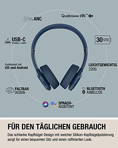 Fresh 'n Rebel Auriculares Bluetooth con cancelación de Ruido Activa, 30 Horas de reproducción, Carga rápida, micrófono, Plegables, Ajuste cómodo y cómodo, código ANC - Silky Sand