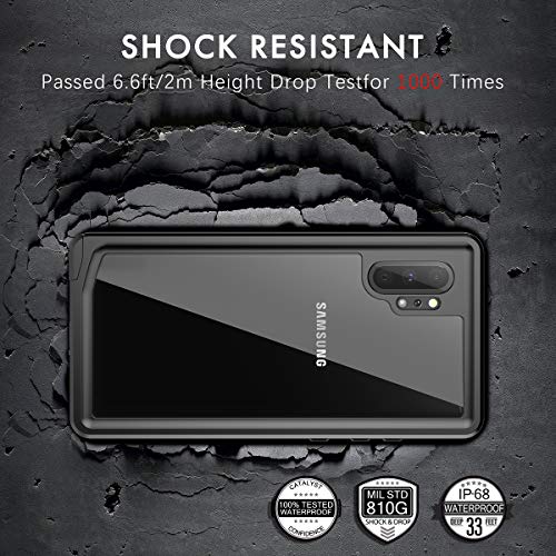 Funda Impermeable Galaxy Note 10 Plus Protección IP68 Waterproof 360-Grados Protectora Antigolpes Anti-rasguños Impermeable Carcasa con Correa Flotante para Samsung Note 10 Plus (Negro mate/Naranja)