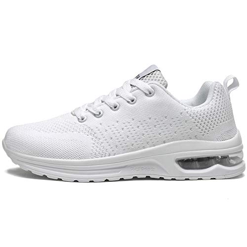 GAXmi Zapatillas Deportivas Mujer Zapatos de Malla Transpirables y Ligeros con Cordones y Cojín de Aire para Running Fitness Potenciar Blanco 38.5 EU