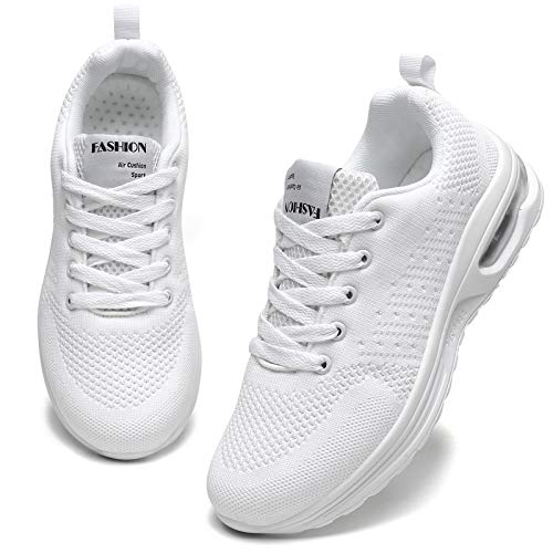 GAXmi Zapatillas Deportivas Mujer Zapatos de Malla Transpirables y Ligeros con Cordones y Cojín de Aire para Running Fitness Potenciar Blanco 38.5 EU