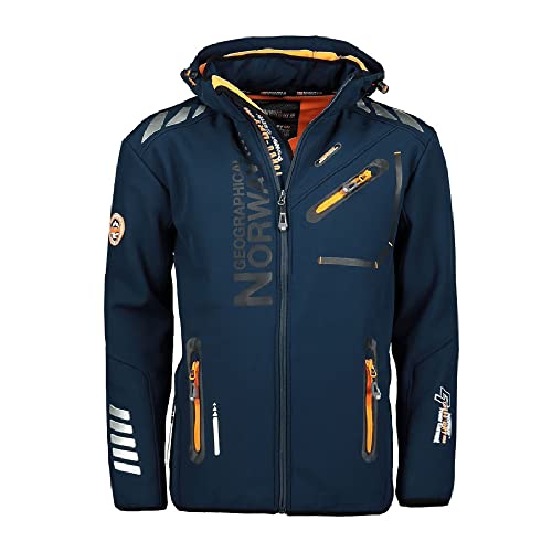 Geographical Norway ROYAUTE MEN - Chaqueta Softshell Impermeable Hombre - Capucha Transpirable Exterior - Chaqueta Cortavientos Invierno - Actividades Aire Libre (Azul marino / Naranja - M)