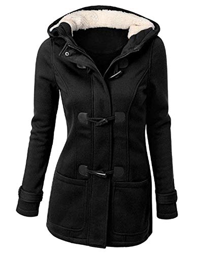 GHYUGR Abrigos con Horn Botones Mujer Invierno Elegantes Slim Chaqueta con Capucha Lana Capa Jacket Sudadera Pullover Outwear Parka,Negro,XL