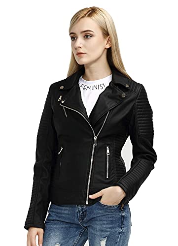 Giolshon Chaqueta de Cuero Sintético para Mujer Abrigo Corto de Motociclista de Otoño Elegantes 53 Negro M