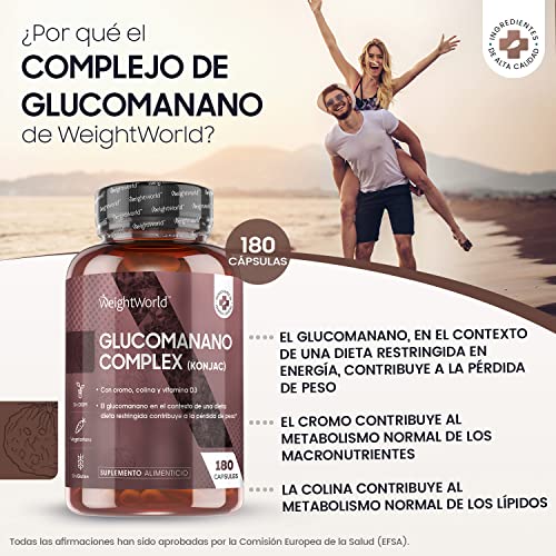 Glucomanano Cápsulas 3000mg 180 Cápsulas - Glucomanano Plus 100% Natural Con Cromo, Colina, Vitamina D3 y Vitamina B3, Suplemento Dietético Keto Active, Raíz de Konjac o Lengua del Diablo