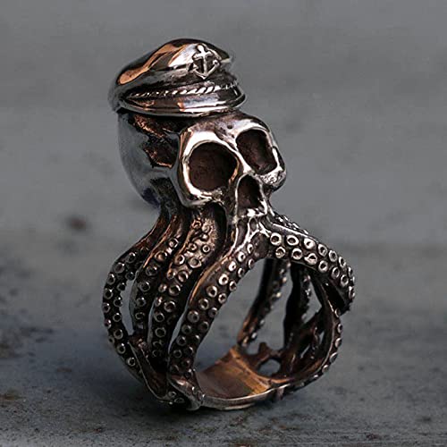 GNEHSL Halloween Skull Rocker Ring - Creative Punk Anchor Octopus Skull Fear Ring, Navy Captain Biker Tail Ring, Regalo Navideño para Ella/Yo, Anchor Octopus Skull, 12