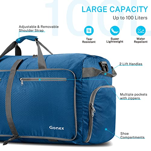 Gonex Bolsa de Viaje 100L, Plegable Ligero Bolso Equipaje Maleta Grande Bolsas Deportes Gimnasio Maletas de Mano Impermeable Duffel Travel Bag para Hombres y Mujeres Fin de Semana (Azul Oscuro)