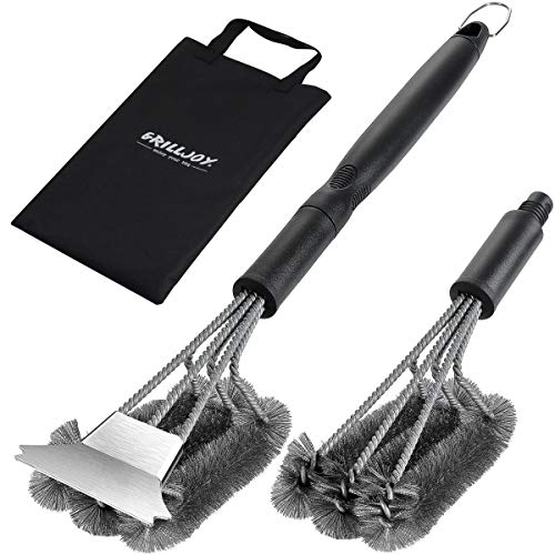 grilljoy Kit de Limpieza de Barbacoa con Cabezal de Cepillo de Alambre Adicional - Cepillo y Raspador de Barbacoa con Bolsa de Transporte - Cepillo de Barbacoa Perfecto para Regalo de Hombres