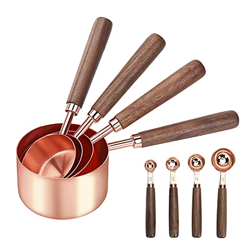 GuDoQi Cucharas Medidoras y Tazas Medidoras, 8 Piezas, Mango De Nogal, Medidas Grabadas, Acero Inoxidable De Primera Calidad, Medir Líquidos Sólidos, Cocina para Hornear (Oro Rosa)