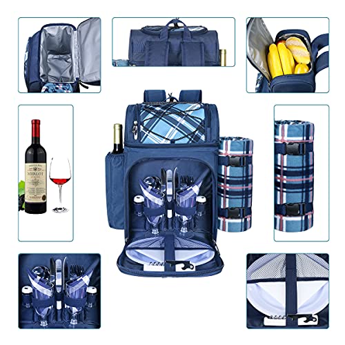 Hap Tim Mochila de picnic para 2 personas con compartimento aislado a prueba de fugas, soporte para vino, manta de forro polar, juego de cubiertos, regalos para niños y niñas, azul (36083-BL)