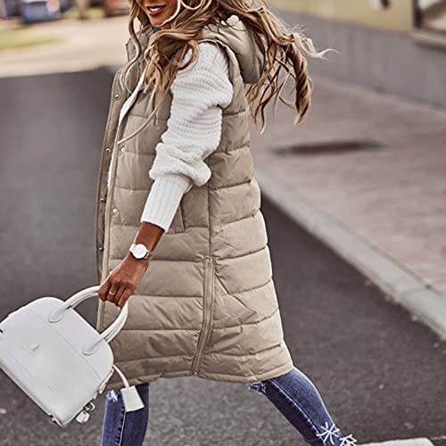 Harpily Chaquetas sin Mangas Chalecos Acolchados Medio Largo Chaleco de Plumas Invierno con Capucha Parka Abrigos Puffer Outwear Felpa Tops Caliente Saco Jersey Simple y Cambiante (M, Beige)