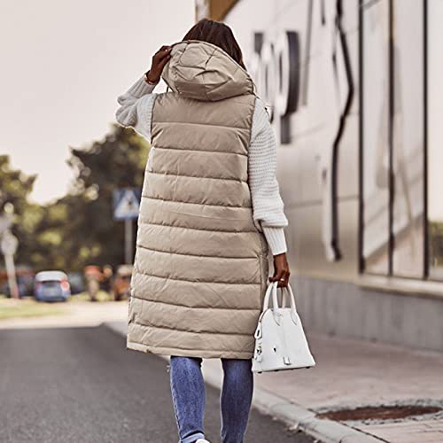 Harpily Chaquetas sin Mangas Chalecos Acolchados Medio Largo Chaleco de Plumas Invierno con Capucha Parka Abrigos Puffer Outwear Felpa Tops Caliente Saco Jersey Simple y Cambiante (M, Beige)