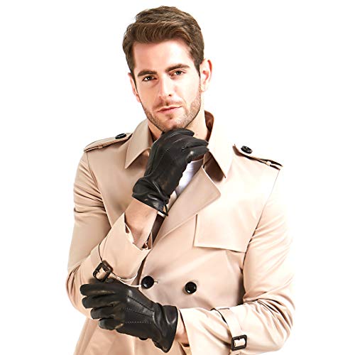 Harssidanzar Hombres Guantes De Cuero De Piel De Cabra De Con Forro Polar, Negro, L