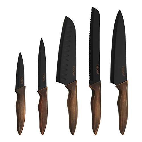 hecef Juego de Cuchillos de Cocina, Cuchillo Antiadherente Negro de Acero Inoxidable, Incluye Cuchillo de Cocina,Cuchillo de Pan,Cuchillo Santoku, Cuchillo Multifuncional y Cuchillo de Pelar