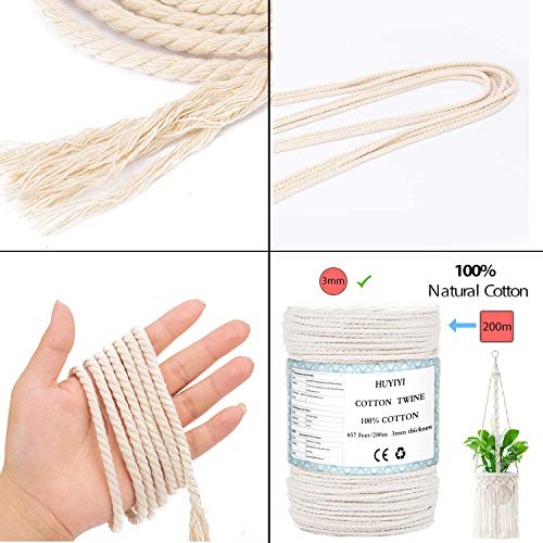 Hecha a Mano Craft Cuerda,Cordel de Algodón,natural trenzado algodon,Hilo Macramé,para Envolver Regalo Navidad Colgar Fotos,Colgador de Planta Tejido Cordón Tejer Decoración Envolver (200M-3mm)