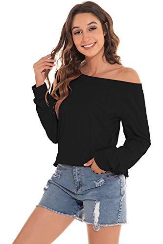 heekpek Camiseta Mujer de Manga Larga Blusa con Hombros Fríos Camisa Sexy Casual Camisetas Pullover Algodón Color Sólido Otoño Invierno Tops