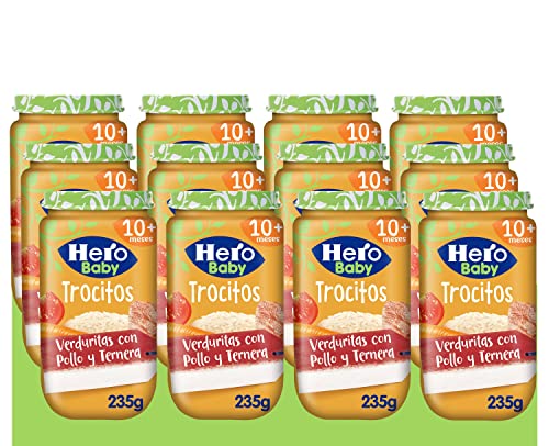 Hero Baby Trocitos Tarritos de verdura, ternera y arroz -Para Bebés a Partir de los 10 Meses - Pack de 12x235gr