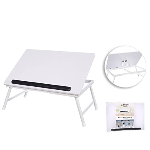 Hersig - Mesa de madera plegable con estructura metal 45x32x19 cm, Bandeja multiuso para desayuno con patas metal plegables, resistente, color blanco