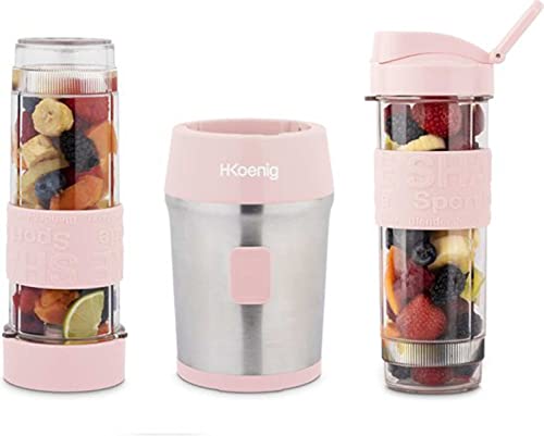 H.Koenig SMOO12 Batidora de Vaso Individual, Licuadora Portátil para Smoothies de Frutas y Verduras, Capacidad de 570 Ml, 300 W, Incluye 2 Botellas Deportivas Portátiles, Sin BPA, Rosa Palo