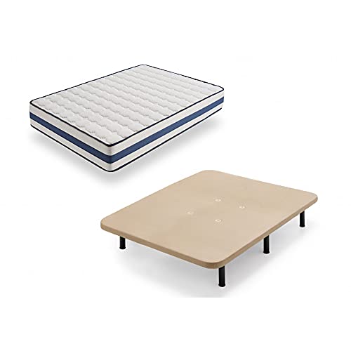 HOGAR24 TZ40-Colchón Viscoelástico + Base tapizada con Patas, Medida 120x190 cm, Núcleo Alta Densidad Transpirable, Lado Verano-Invierno con Tejido 3D, Altura 22 cm