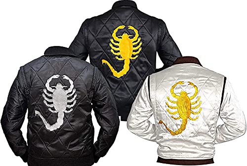 Hombres Drive Scorpion Ryan Gosling Negro Blanco Satin Bomber Jacket | Drive Scorpion Jacket | Chaqueta Bomber Hombre