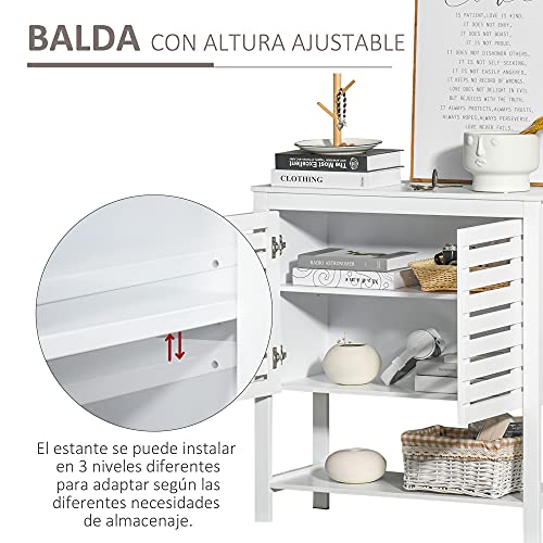 HOMCOM Armario Auxiliar con Puerta de Diseño Persiana Balda Ajustable y Estante Inferior Moderno Minimalista para Cocina Baño Salón 76x30x81 cm Blanco