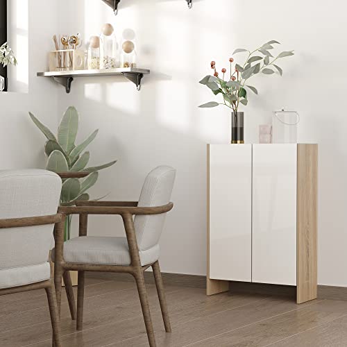 HOMCOM Armario de Almacenaje de 2 Puertas Mueble Auxiliar de Baño Multiusos con 2 Estantes para Cocina Salón Dormitorio 60x25x90 cm Acabado en Blanco Brillo