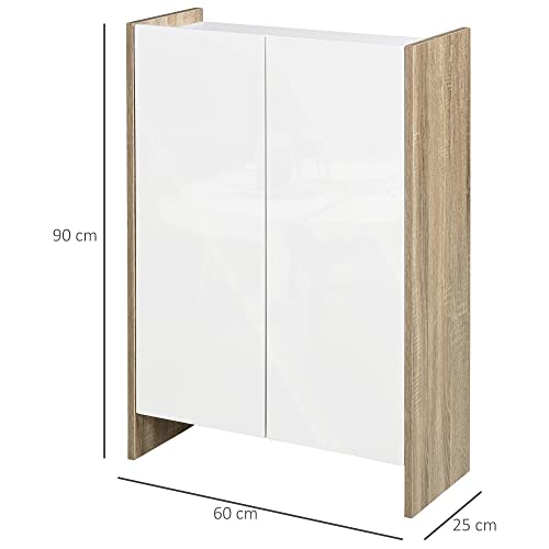 HOMCOM Armario de Almacenaje de 2 Puertas Mueble Auxiliar de Baño Multiusos con 2 Estantes para Cocina Salón Dormitorio 60x25x90 cm Acabado en Blanco Brillo