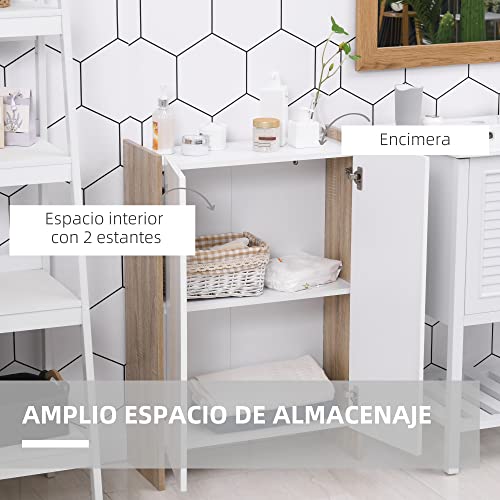 HOMCOM Armario de Almacenaje de 2 Puertas Mueble Auxiliar de Baño Multiusos con 2 Estantes para Cocina Salón Dormitorio 60x25x90 cm Acabado en Blanco Brillo