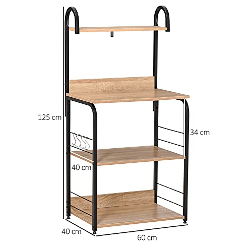 HOMCOM Estante de Cocina Estantería para Microondas con 4 Niveles Ganchos y Pies Ajustables Estantes de Almacenaje 60x40x125 cm Madera Natural