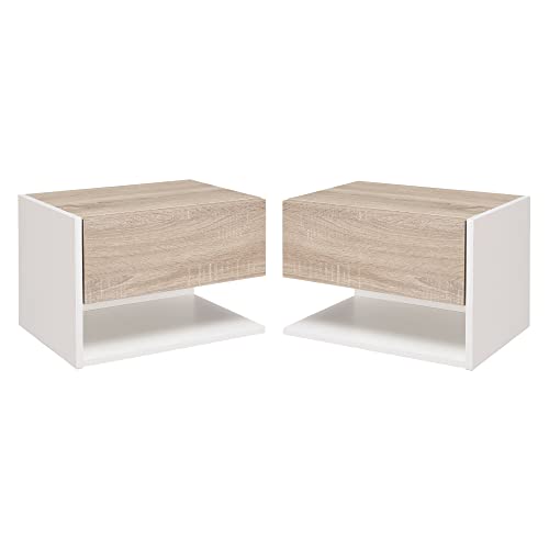 HOMCOM Juego de 2 Mesitas de Noche Flotantes de Madera con 1 Cajón y Estante Abierto Diseño Montado en Pared Moderno 46x30x30 cm Roble y Blanco