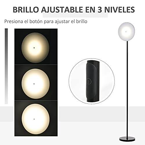 HOMCOM Lámpara de Pie LED 18 W/1800 LM con 3 Brillos Ajustables Cabezal Giratorio y Base de Metal Lámpara de Lectura Moderna para Salón Dormitorio Ø28x171,5 cm Negro