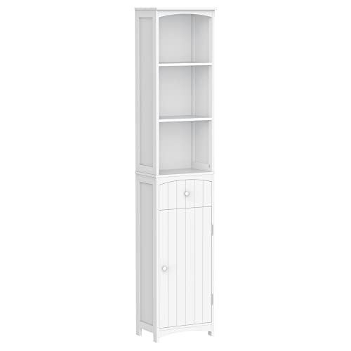 HOMCOM Mueble Armario Columna Multiusos Blanco para Cuarto de Baño con Estanterías 34x24x170cm 3 Estantes 1 Puerta y 1 Cajón