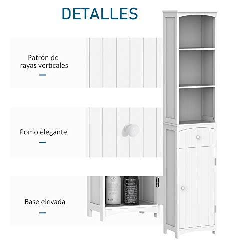 HOMCOM Mueble Armario Columna Multiusos Blanco para Cuarto de Baño con Estanterías 34x24x170cm 3 Estantes 1 Puerta y 1 Cajón