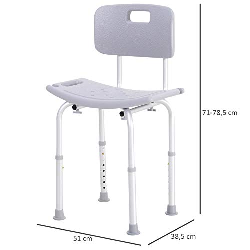 HOMCOM Silla Ducha Aluminio Baño Taburete Regulable + Respaldo Silla Antideslizante WC