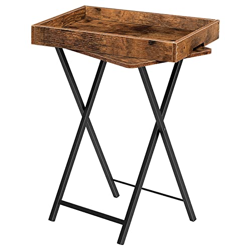 HOOBRO Mesa Auxiliar con Bandeja, de Sofá Plegable con Bandeja Extraíble de Madera, Mesita de Café de Estilo Vintage con Estructura Metálica, Estilo Industrial Contemporáneo, Marrón Rústico EBF29BZ01