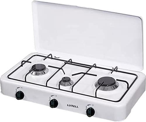 Hornillo de gas GPL portátil 3 fuegos cocina de metal hornillo de camping para interior exterior blanco esmaltado Luxell KO-123