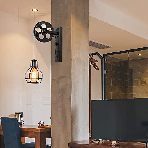 iDEGU Aplique de Pared Vintage Industrial Estilo Polea Regulable E27 Lámpara de Pared Interior de Madera y Hierro Retro Lamparas para Salón, Restaurante, Bar - Negro (1 Pieza)