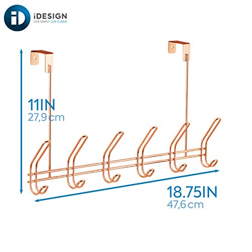 iDesign Colgador de ropa con 6 ganchos dobles, perchero de puerta grande de metal, percha para puerta para colgar chaquetas, sombreros o toallas, color cobre