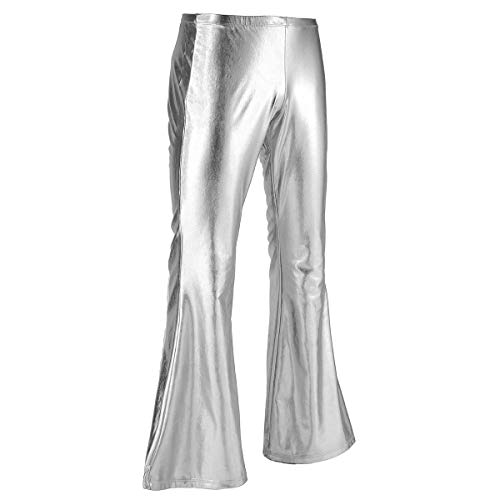 IEFIEL Pantalones Largos Cuero Hombre Pantalones Brillo Metálico Pantalón Campana de Moda Disco Club Fiesta Elástica Retro Pantalones de Pierna Ancha Plateado M