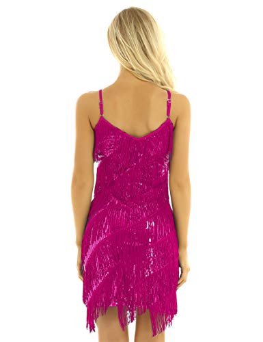 IEFIEL Vestido Lentejuelas de Danza Latina para Mujer Vestido Elegante de Tirantes de Baile Salsa Cha Cha Disfraz Bailarina Mujer Rosa Oscuro Talla Única