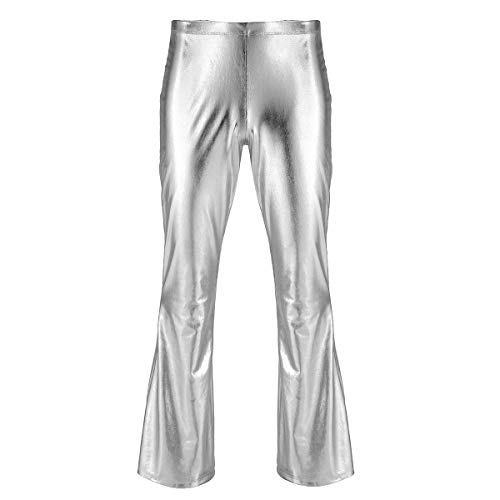 inlzdz Pantalón Retro de Los Años 70 para Hombre Brillante Pantalones Largos de Danza Disco Campana Metálico Ropa Escénica Clubwear Plateado XX-Large