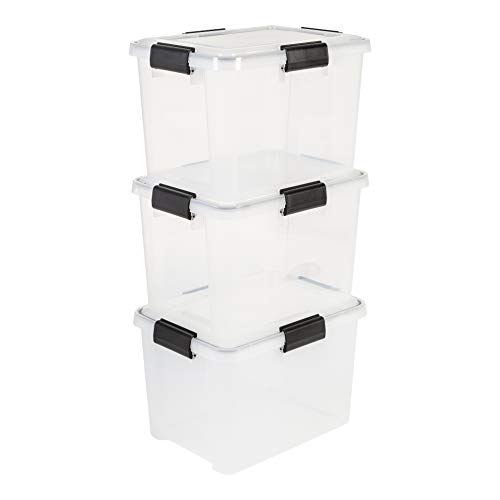 Iris Ohyama, Juego de 3 Cajas de Almacenamiento Hermética, 20 L, con Clips, Apilable, Garaje, Sótano, Ático - Air Tight Box At-Sd - Transparente