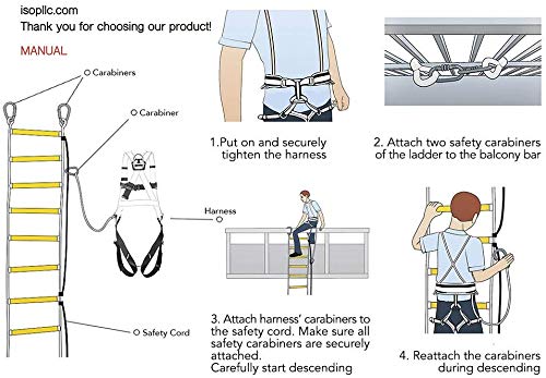 ISOP Escalera de Emergencia para Cuerda de Emergencia Contra Incendios 4 pisos Casas - única Resistente a las Llamas de 10 metros con Mosquetones, Cable de Seguridad y Arnés de Cuerpo Completo