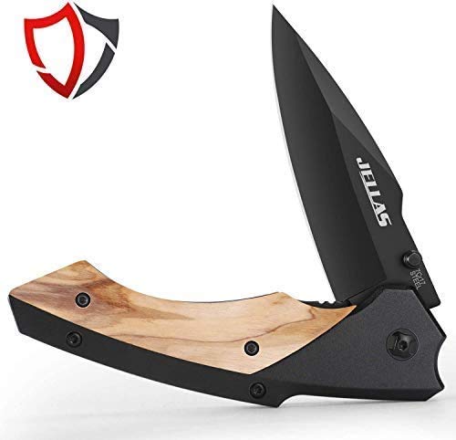 Jellas J-003 Cuchillo Plegable Supervivencia con 9CR17 Hoja de Acero Inoxidable con Afilador y Bolsa de Cinturón, Navaja Táctica al Aire Libre para la Pesca de Camping, KN02